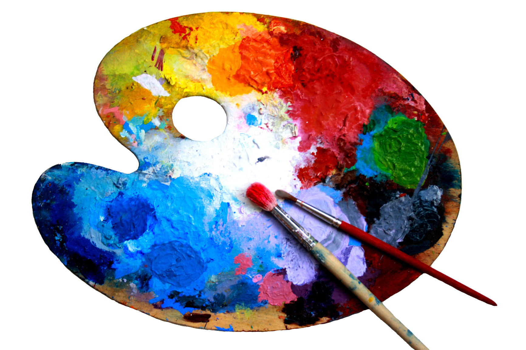 Oval art palette with paints and two brushes on a white back-ground